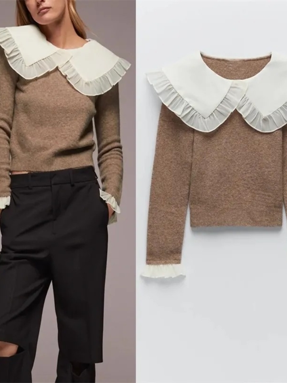 Zara Brown Knit Sweater with Oversized Cream Ruffle Collar